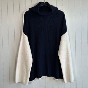Lou & Grey size XXL knit sweater turtleneck colorblock navy white cotton cashmer